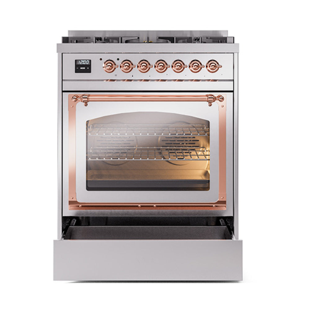 Stainless steel dual fuel range oven door with triple-pane glass and copper handle