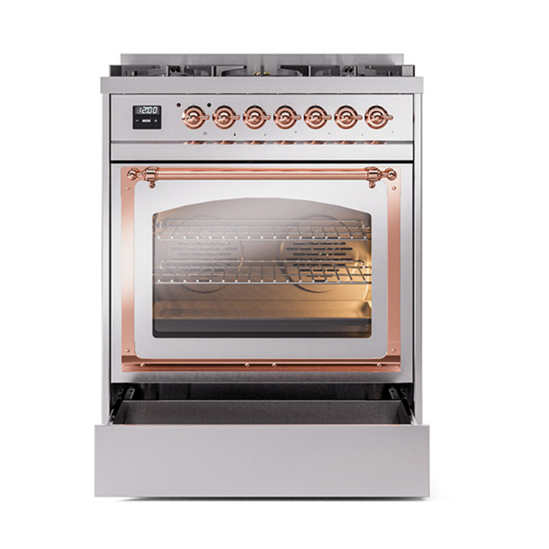 ILVE Nostalgie II Noblesse 30-Inch Dual Fuel Range with Triple Glass Door in Stainless Steel with Copper Trim (UN30NMPSSP)