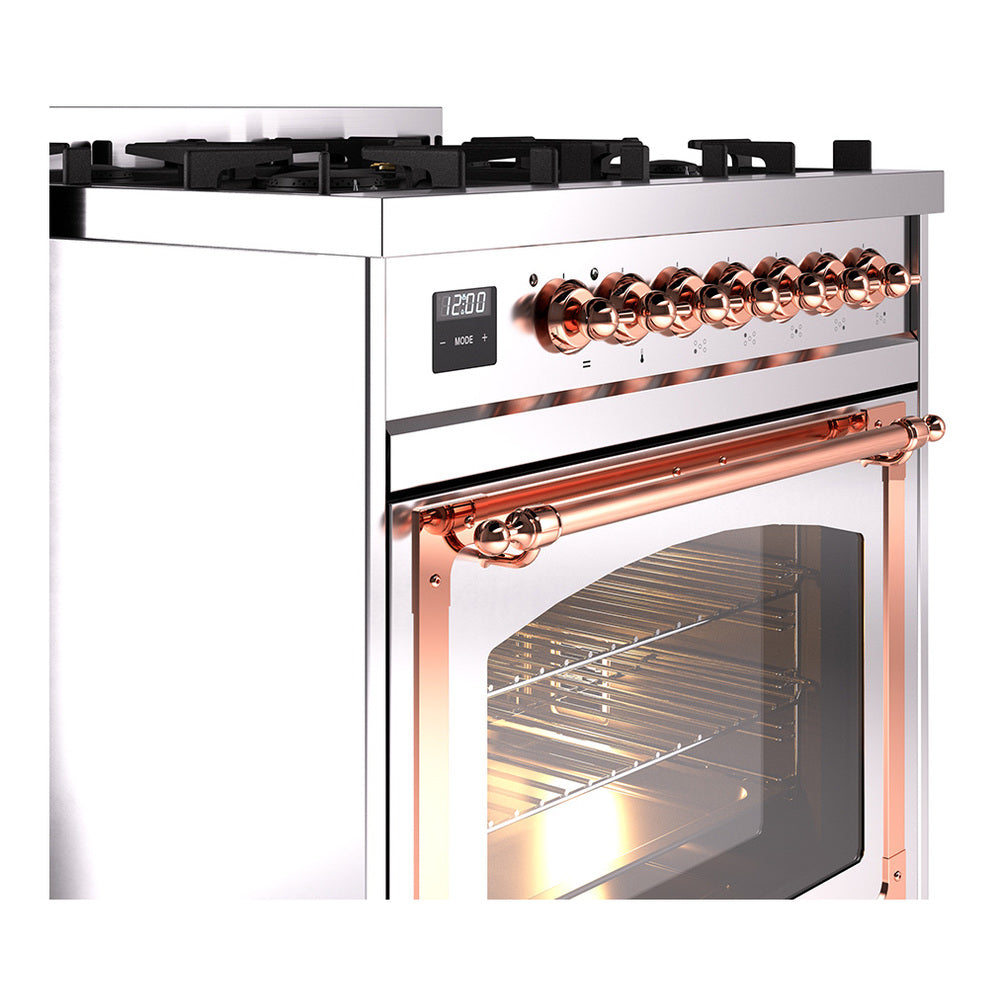 Stainless steel dual fuel range with copper-trim oven handle and control knobs