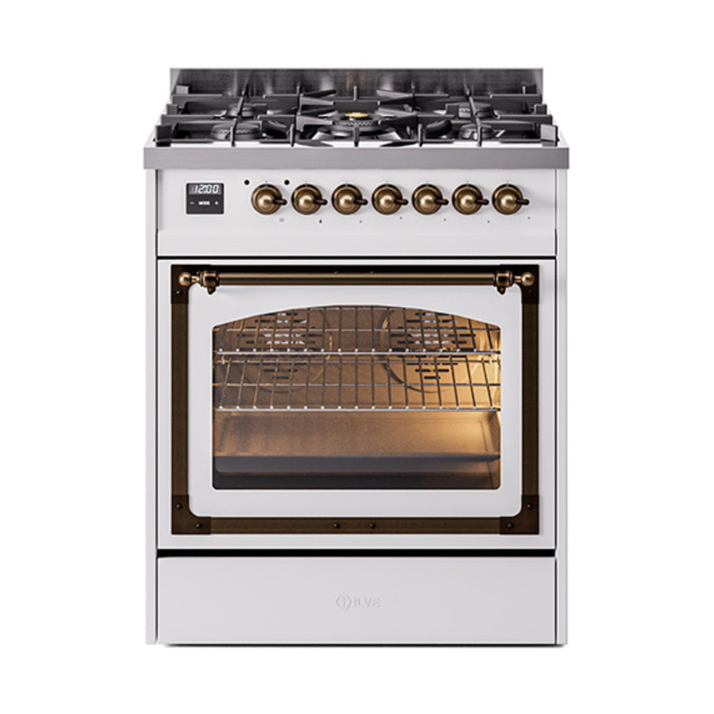 White dual-fuel gas range with bronze-trimmed triple glass oven door, front view