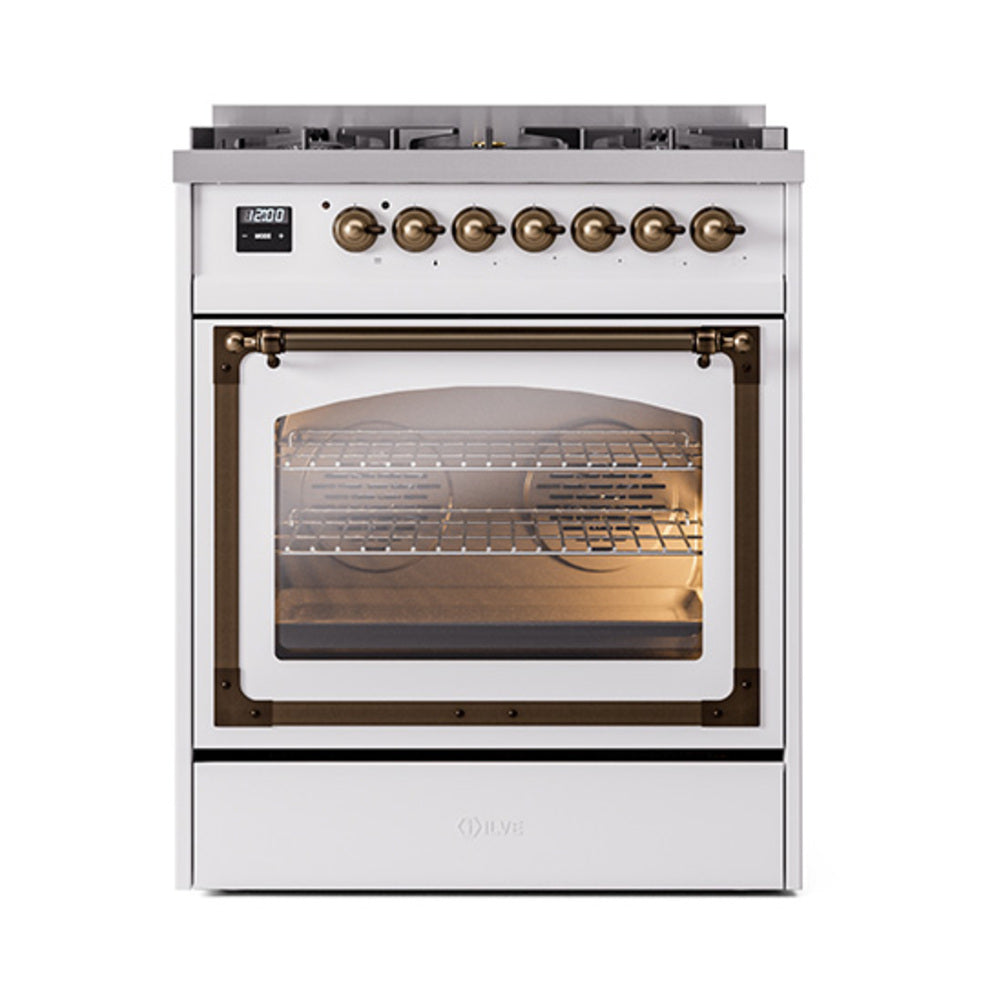 White dual-fuel gas range, oven door open showing racks and bronze interior trim