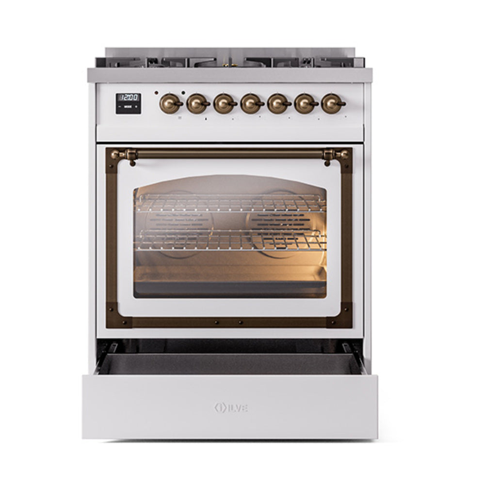 White dual-fuel gas range with open triple glass oven door and bottom storage drawer