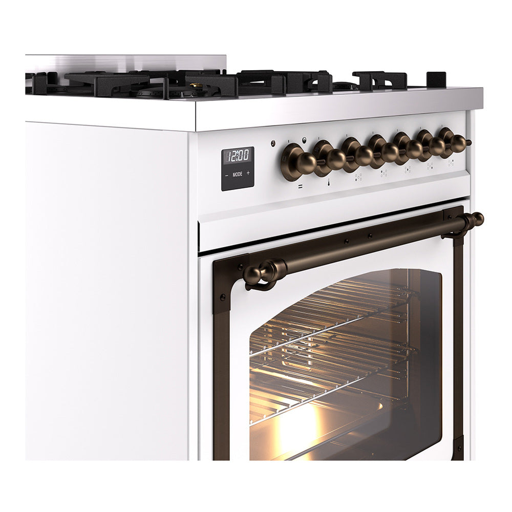 White dual-fuel gas range control panel with bronze knobs and open oven door