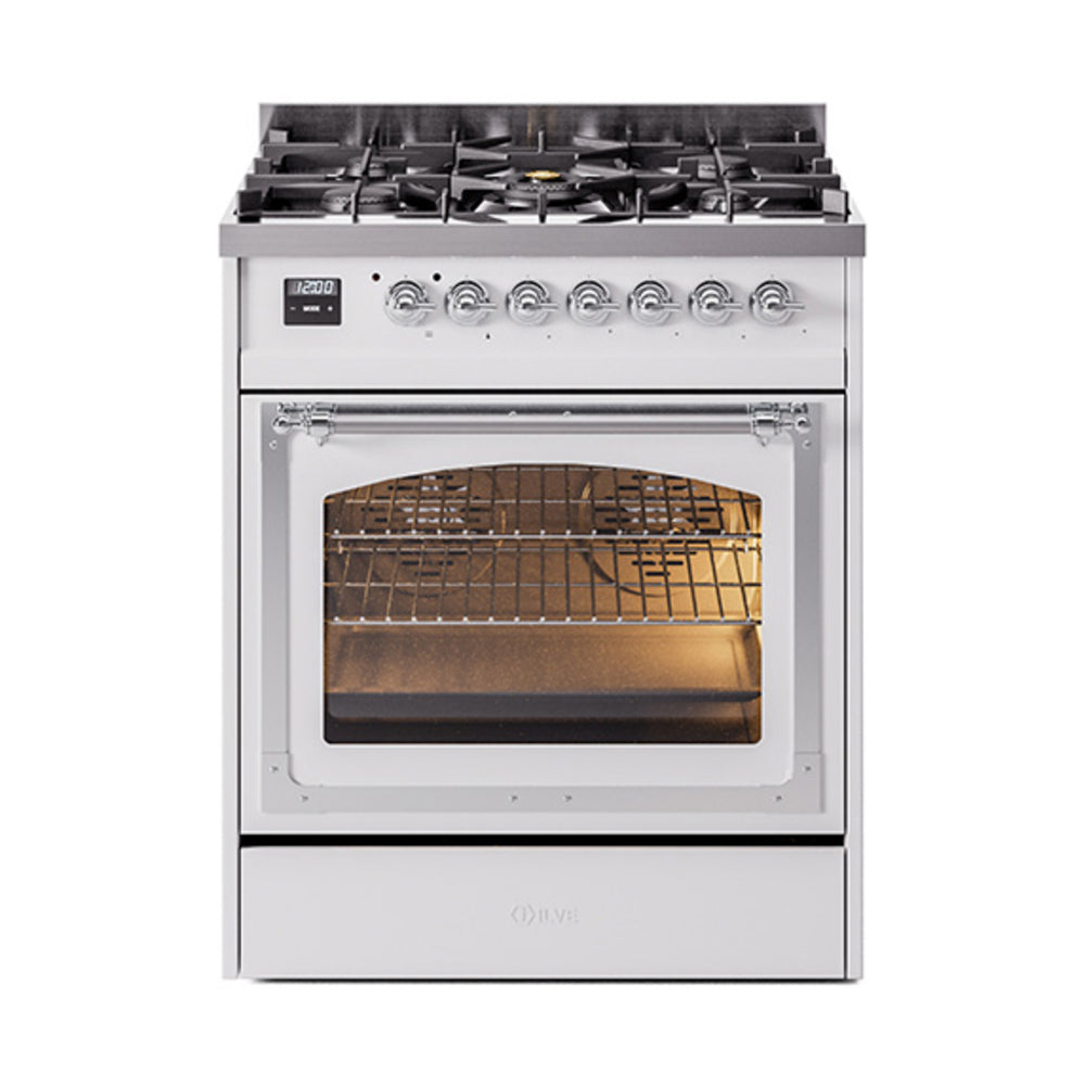 White dual fuel range with triple glass oven door and black gas burner grates