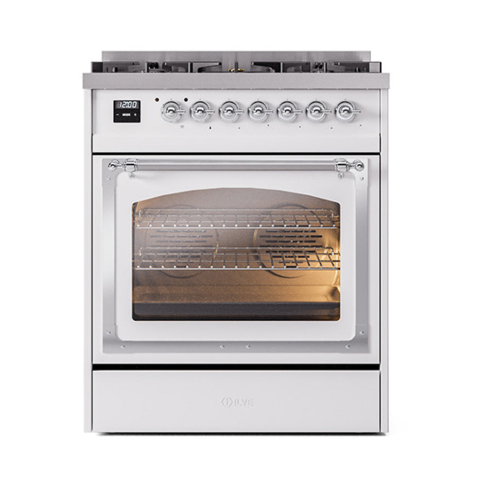 White dual fuel range with control knobs and a clear window oven door