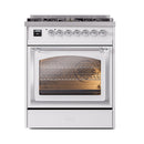 ILVE Nostalgie II Noblesse 30-Inch Natural Gas Dual Fuel Range with Triple Glass Door in White with Chrome Trim (UN30NMPWHC)