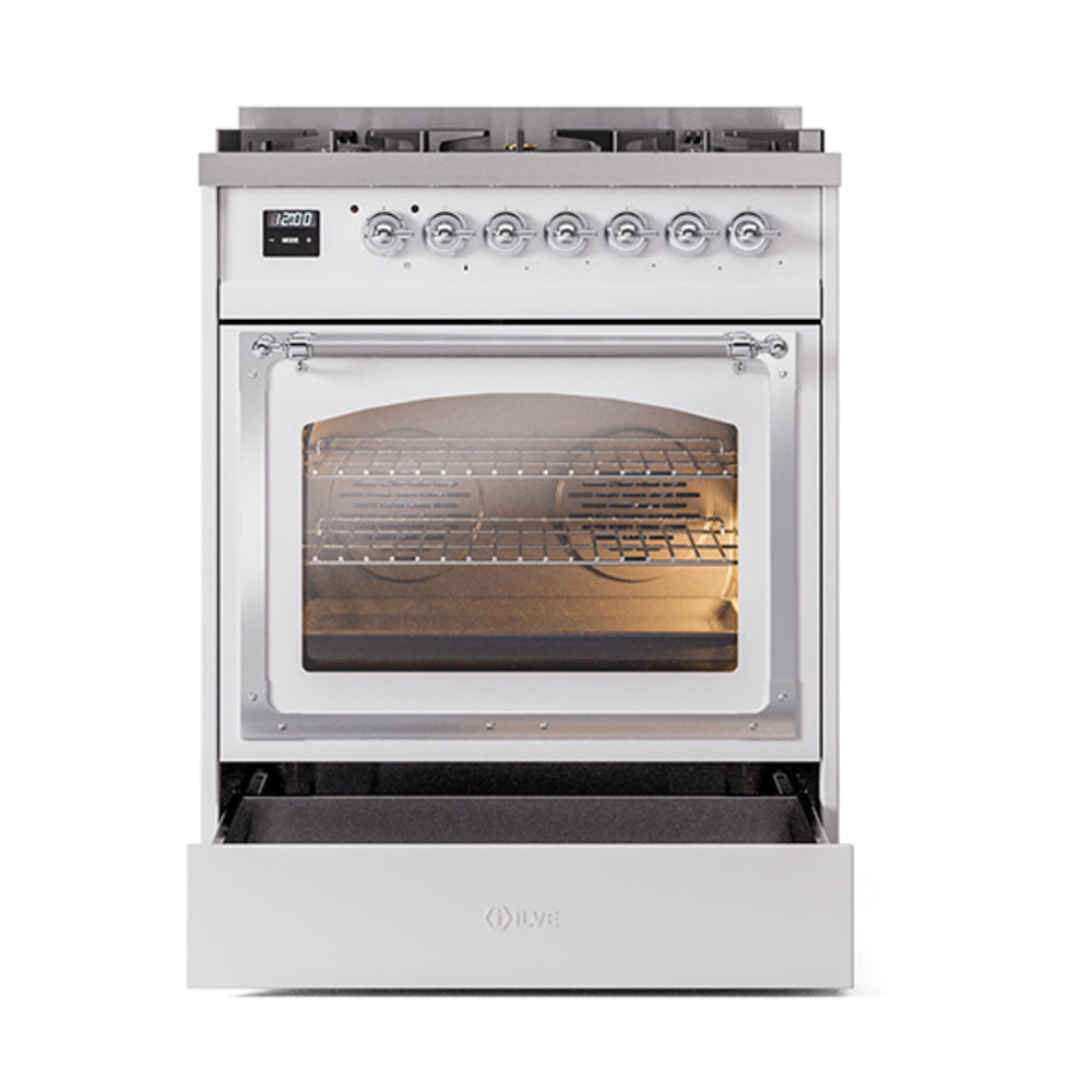 ILVE dual fuel range with open oven door, white body, chrome trim and control knobs