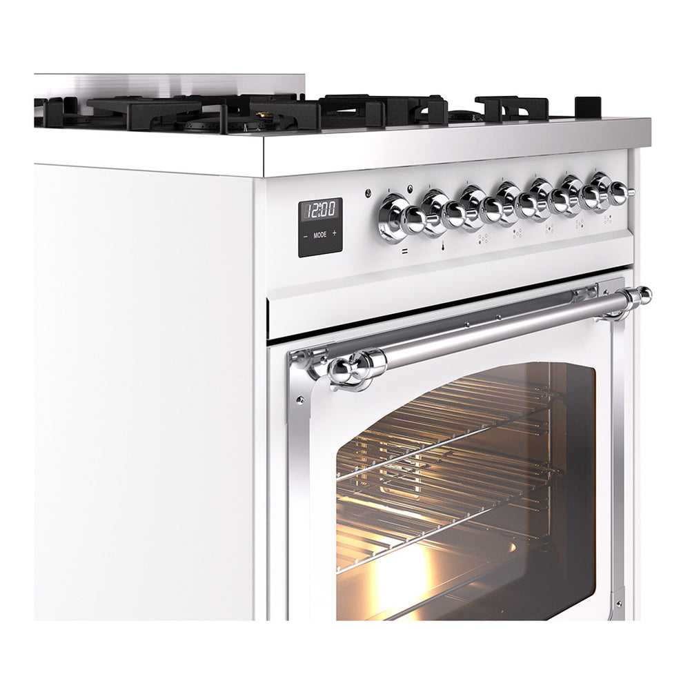 ILVE dual fuel range front, white with chrome trim, control panel and open oven door