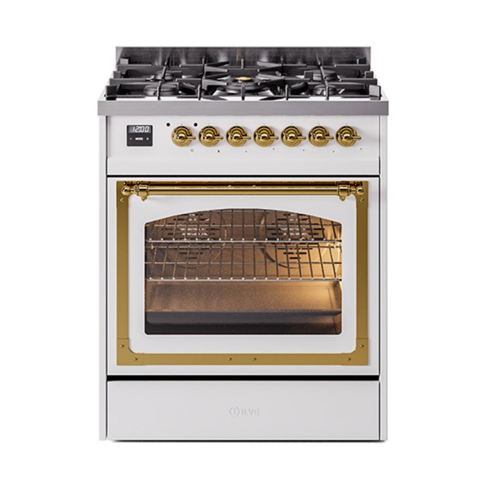 White dual fuel range with brass-trimmed oven door and six gas burners on top