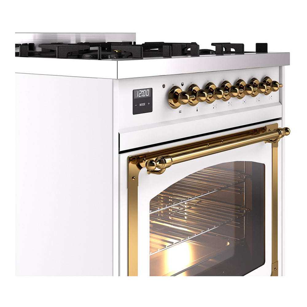 White dual fuel range control panel with brass knobs and stainless burner grates