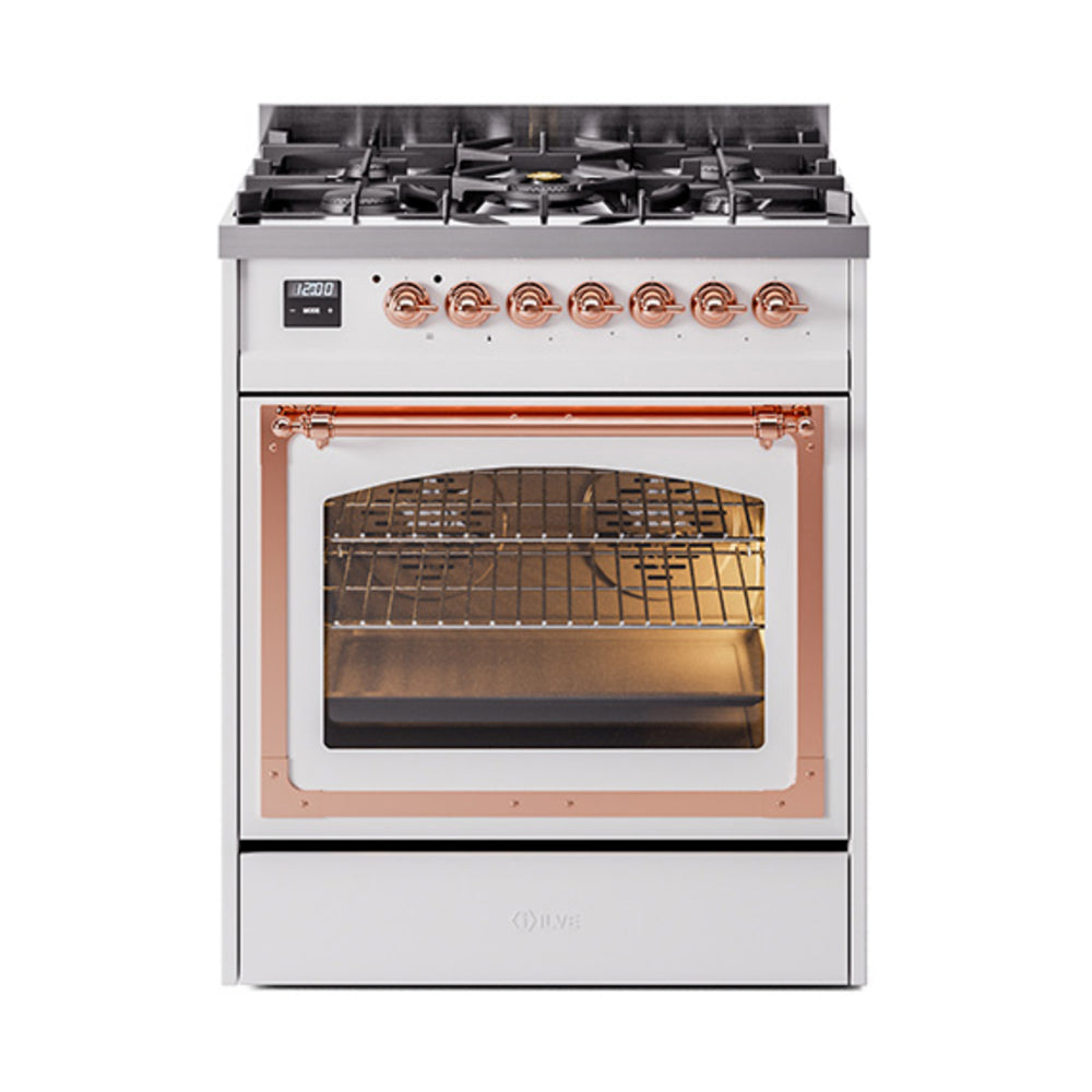 White dual fuel gas range with triple glass oven door and copper control knobs