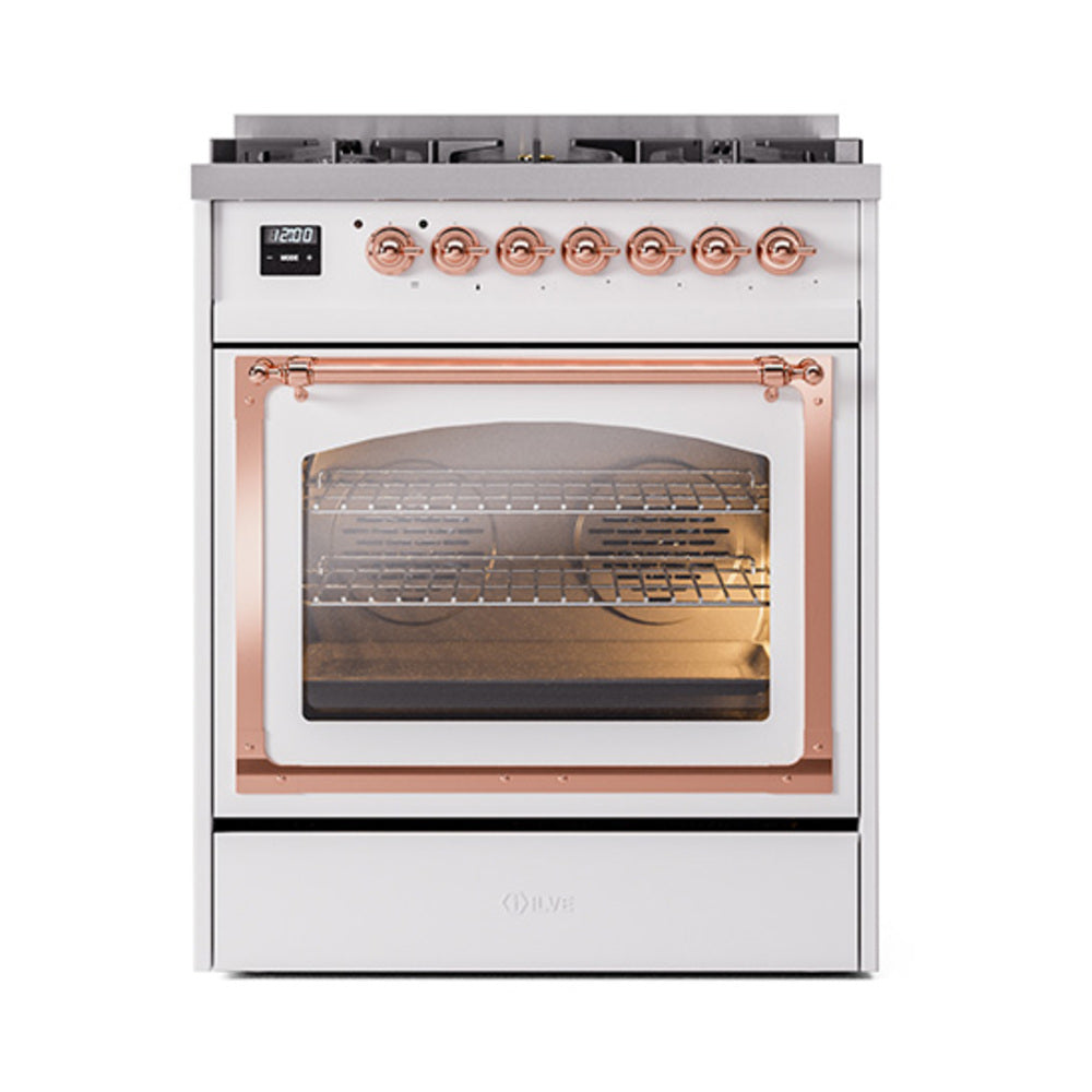 White oven front with copper-trimmed triple glass door and oven racks visible