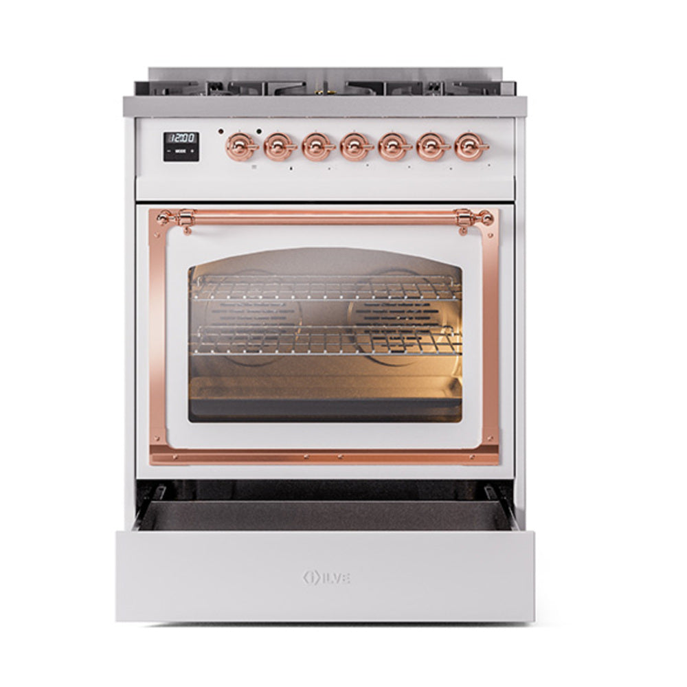 White range with oven door open, glass window, copper handle, and control knobs