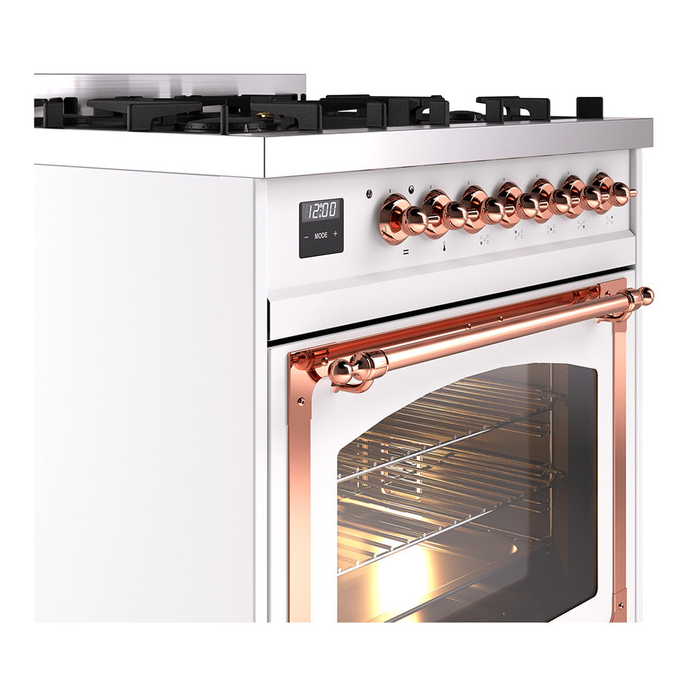 White range front with copper control knobs and open oven door window