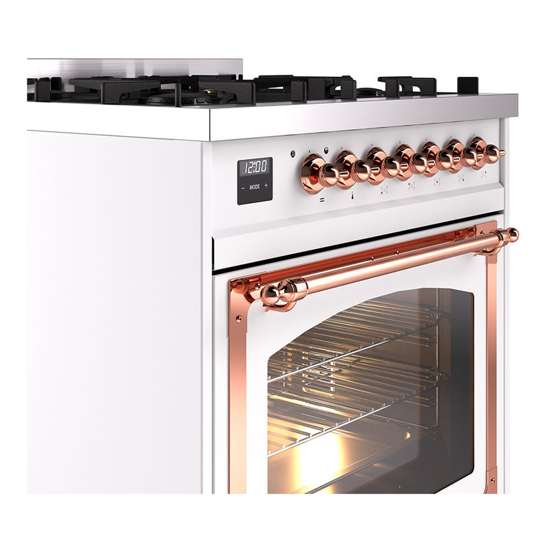 ILVE Nostalgie II Noblesse 30-Inch Dual Fuel Range with Triple Glass Door in White with Copper Trim (UN30NMPWHP)