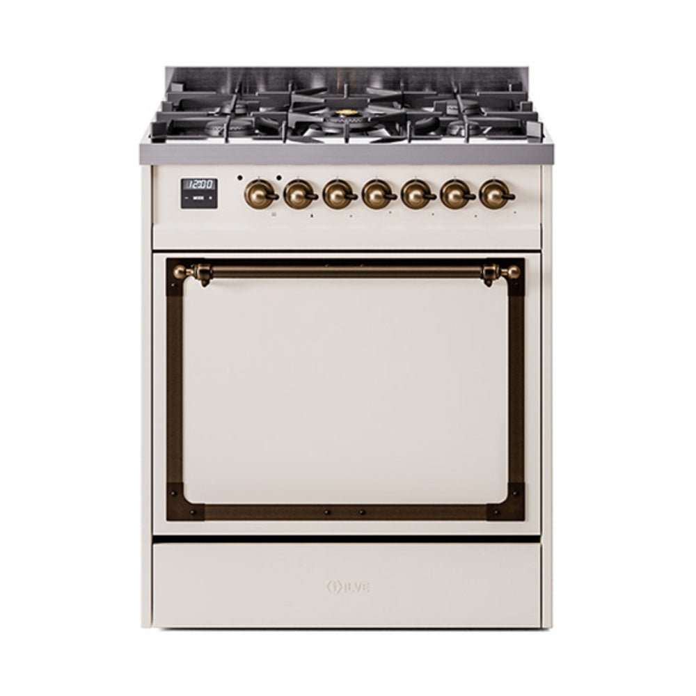 Antique white dual fuel range with bronze knobs and solid oven door