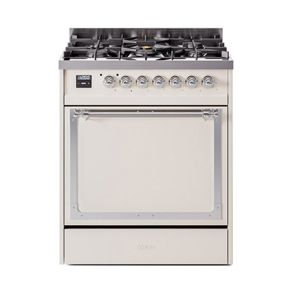 Antique white gas range with chrome trim, closed oven door and control knobs