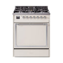 ILVE Nostalgie II Noblesse 30-Inch Natural Gas Dual Fuel Range with Solid Door in Antique White with Chrome Trim (UN30QNMPAWC)