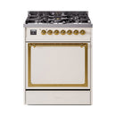 ILVE Nostalgie II Noblesse 30-Inch Dual Fuel Range with Solid Door in Antique White with Brass Trim (UN30QNMPAWG)