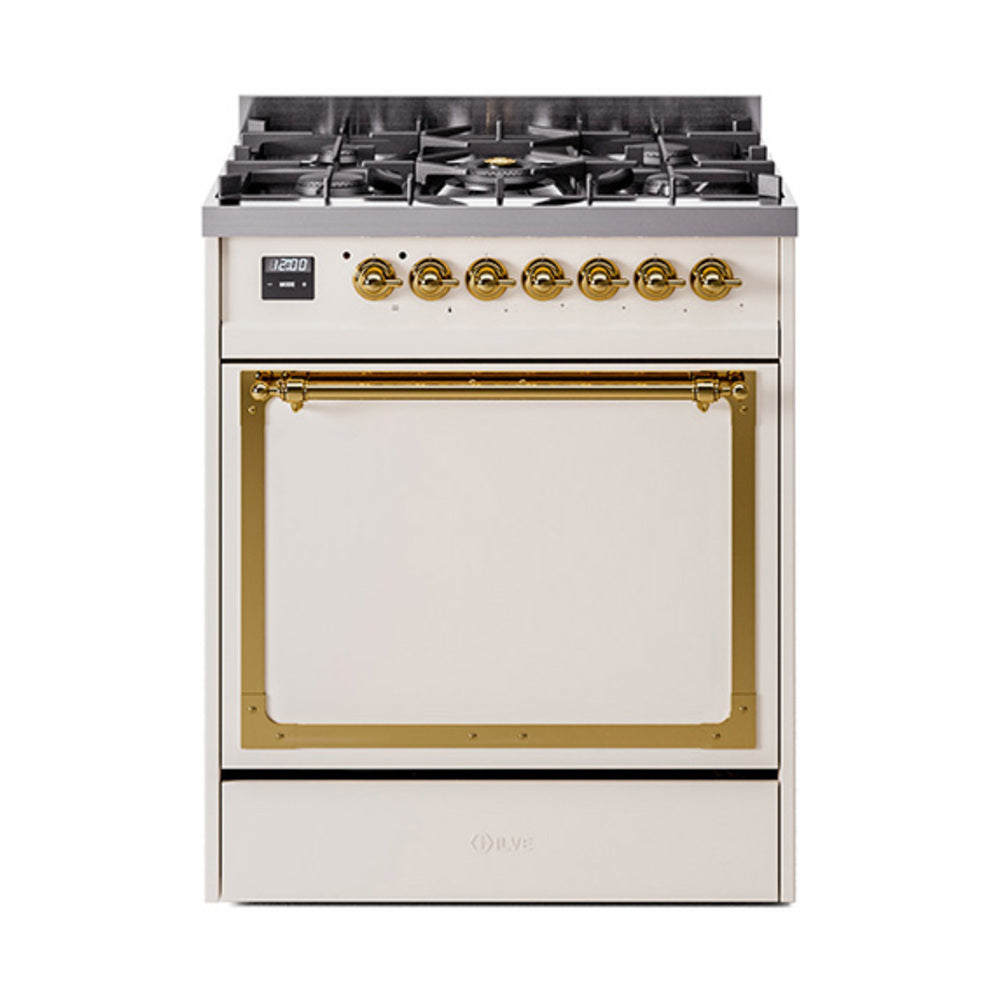 Antique white dual fuel range with brass trim, closed oven door, and burner controls