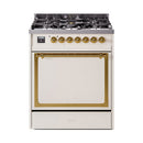 ILVE Nostalgie II Noblesse 30-Inch Natural Gas Dual Fuel Range with Solid Door in Antique White with Brass Trim (UN30QNMPAWG)