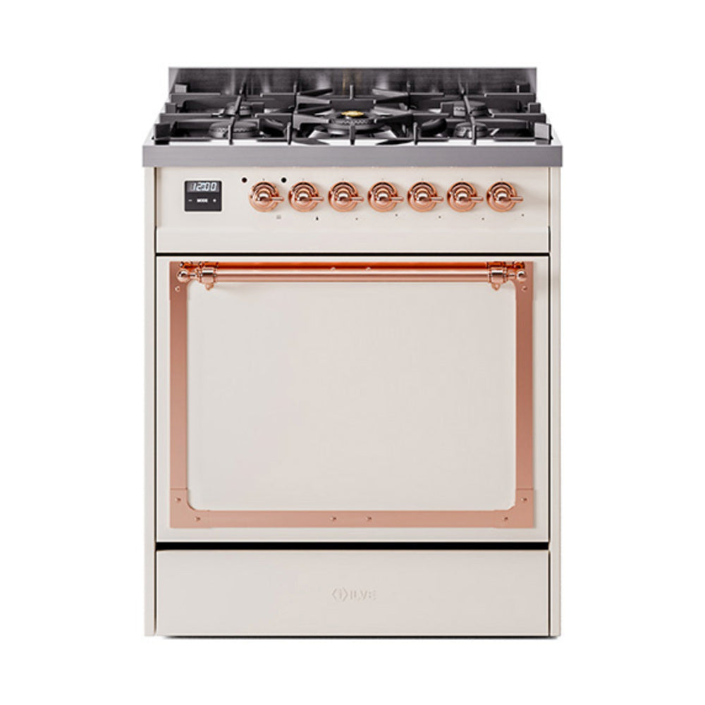 Antique white dual fuel range with copper-trimmed solid door and burners