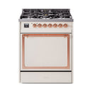 ILVE Nostalgie II Noblesse 30-Inch Natural Gas Dual Fuel Range with Solid Door in Antique White with Copper Trim (UN30QNMPAWP)