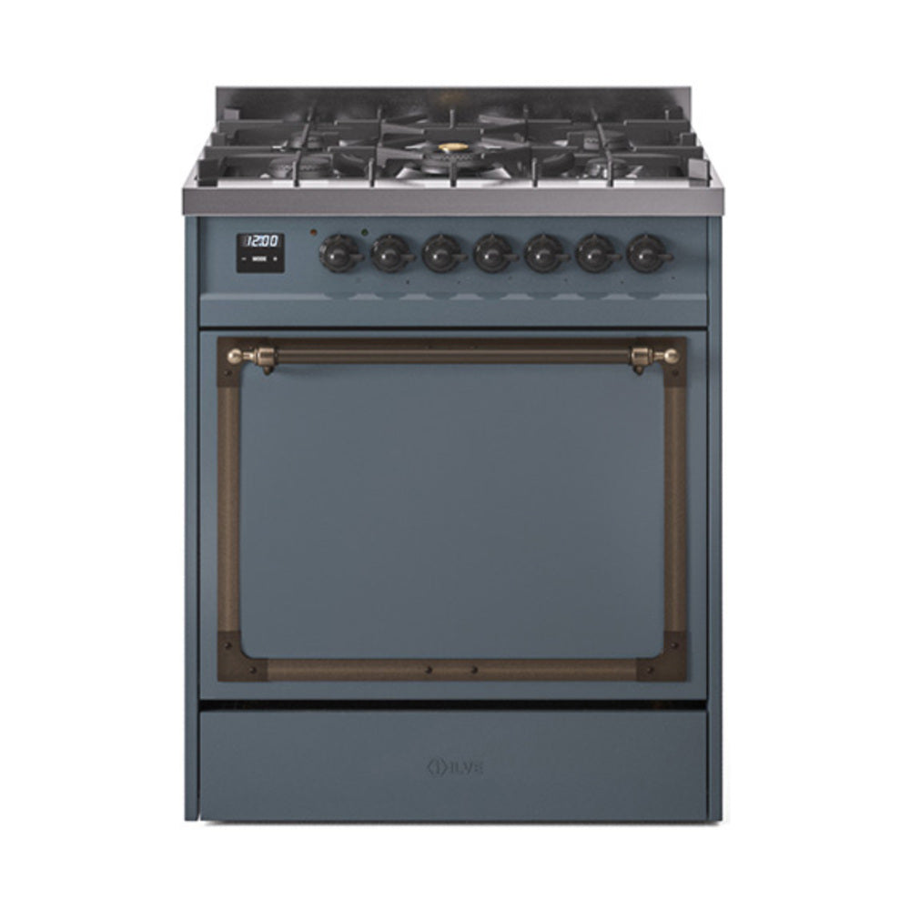Blue-grey dual-fuel gas range with bronze handle, closed oven door, and knob panel