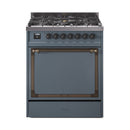 ILVE Nostalgie II Noblesse 30-Inch Natural Gas Dual Fuel Range with Solid Door in Blue Grey with Bronze Trim (UN30QNMPBGB)