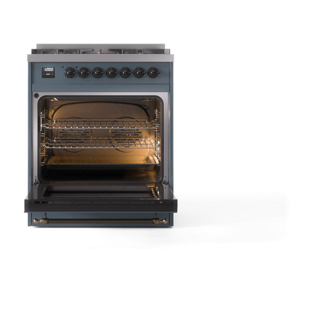 Blue grey range with open oven door showing interior racks and glowing burner elements