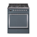 ILVE Nostalgie II Noblesse 30-Inch Natural Gas Dual Fuel Range with Solid Door in Blue Grey with Chrome Trim (UN30QNMPBGC)