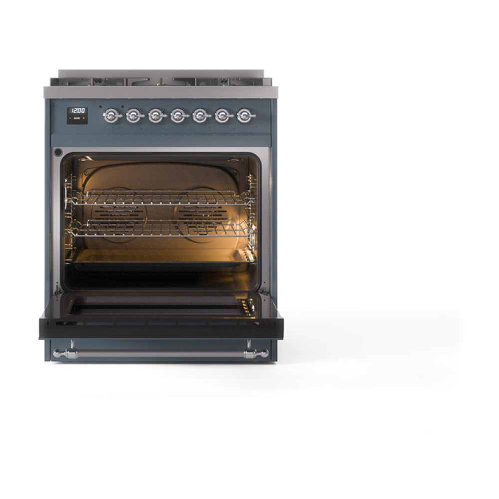 ILVE dual fuel range oven door open, blue grey with lit interior and racks