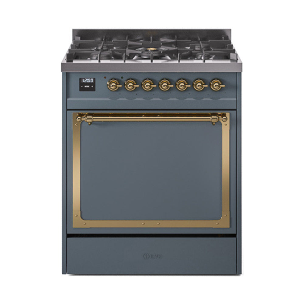 Blue-grey dual-fuel range with solid door and brass-trim control knobs
