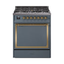 ILVE Nostalgie II Noblesse 30-Inch Natural Gas Dual Fuel Range with Solid Door in Blue Grey with Brass Trim (UN30QNMPBGG)