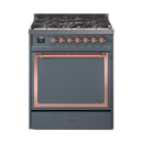 ILVE Nostalgie II Noblesse 30-Inch Dual Fuel Range with Solid Door in Blue Grey with Copper Trim (UN30QNMPBGP)