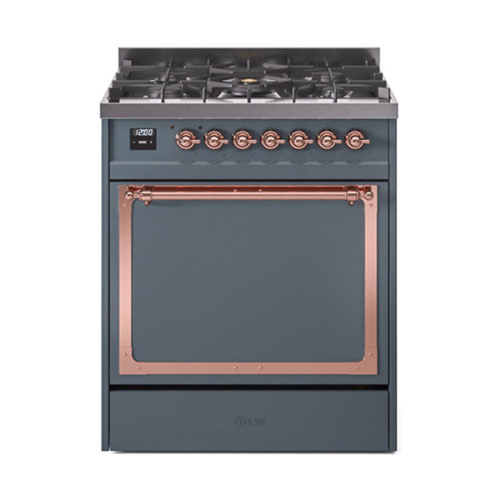 Blue grey dual fuel range with solid door, copper trim and burner control knobs