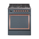 ILVE Nostalgie II Noblesse 30-Inch Natural Gas Dual Fuel Range with Solid Door in Blue Grey with Copper Trim (UN30QNMPBGP)