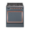 ILVE Nostalgie II Noblesse 30-Inch Natural Gas Dual Fuel Range with Solid Door in Blue Grey with Copper Trim (UN30QNMPBGP)