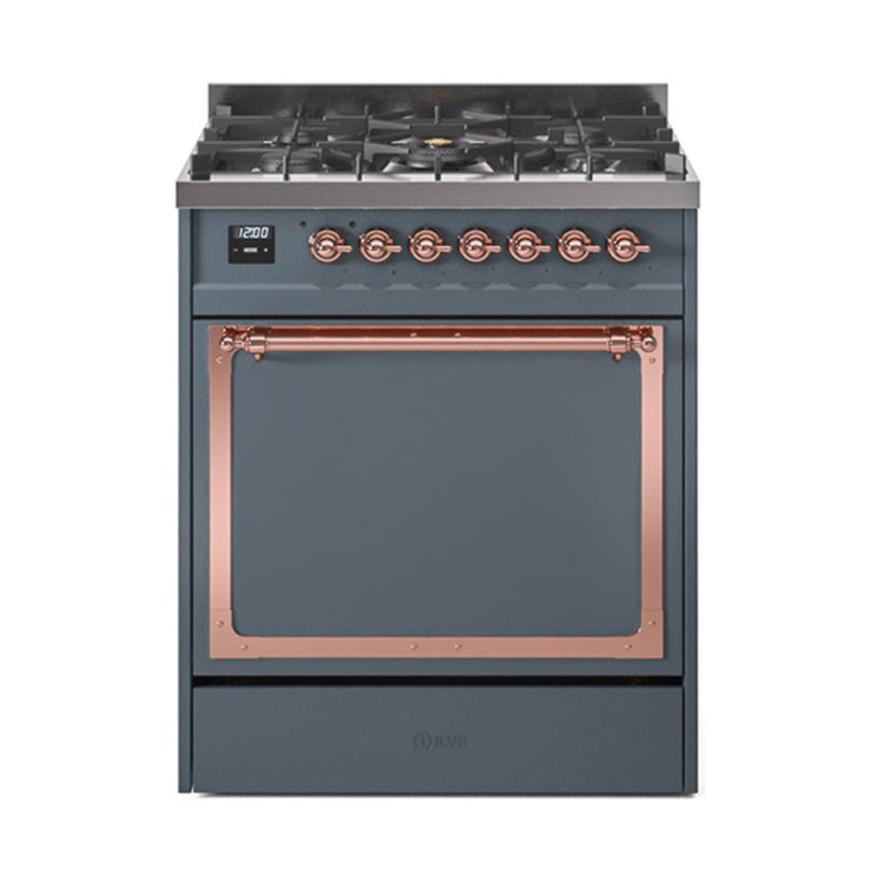 ILVE Nostalgie II Noblesse 30-Inch Dual Fuel Range with Solid Door in Blue Grey with Copper Trim (UN30QNMPBGP)