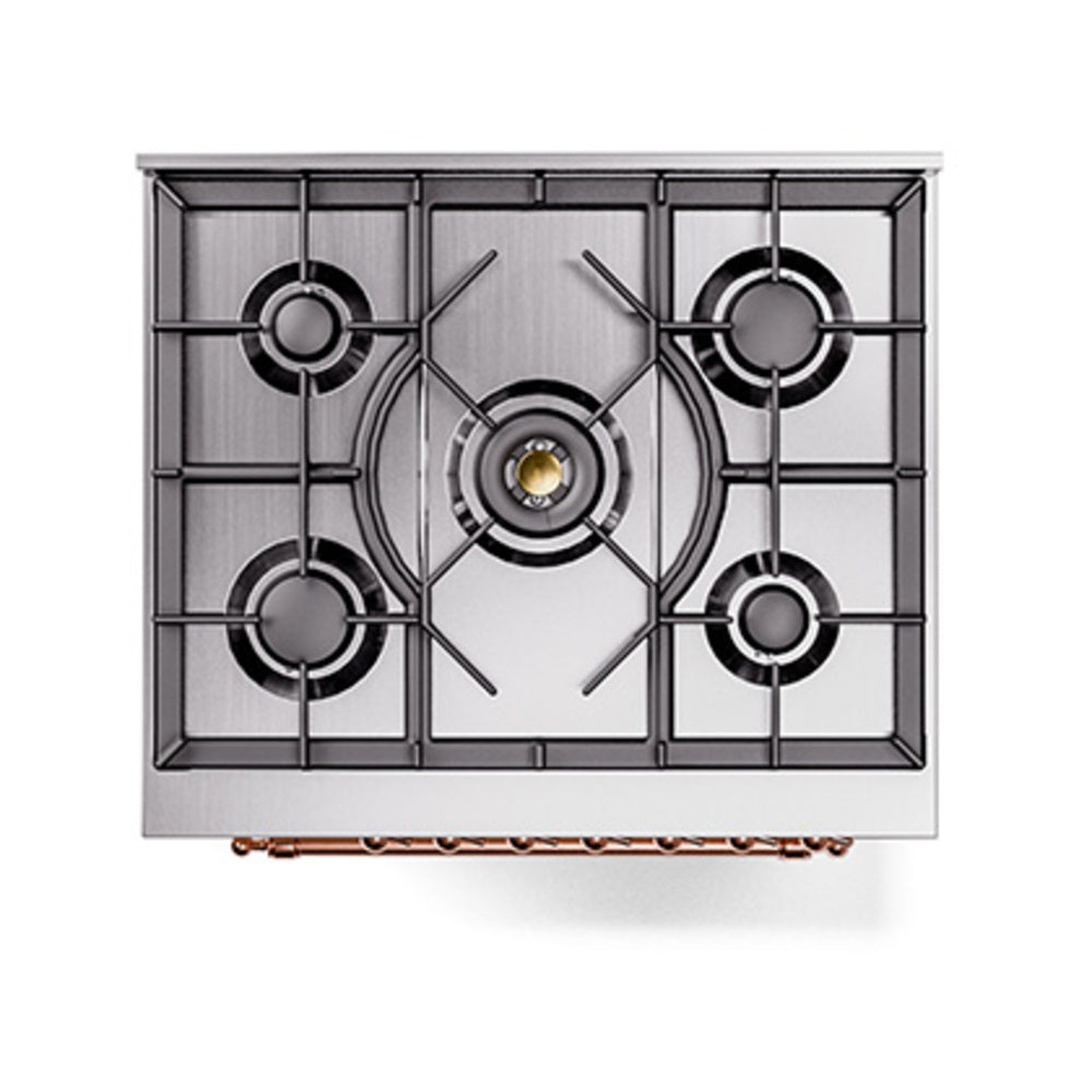 Blue grey gas cooktop with four burners and metal grates, copper accents