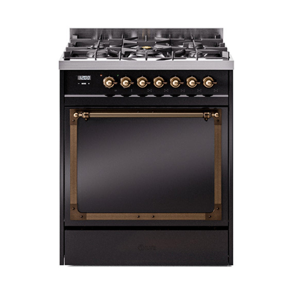 Glossy black dual fuel range with bronze-trimmed solid door and clock display