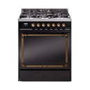 ILVE Nostalgie II Noblesse 30-Inch Natural Gas Dual Fuel Range with Solid Door in Glossy Black with Bronze Trim (UN30QNMPBKB)
