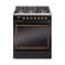 ILVE Nostalgie II Noblesse 30-Inch Natural Gas Dual Fuel Range with Solid Door in Glossy Black with Bronze Trim (UN30QNMPBKB)