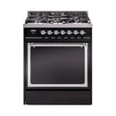 ILVE Nostalgie II Noblesse 30-Inch Natural Gas Dual Fuel Range with Solid Door in Glossy Black with Chrome Trim (UN30QNMPBKC)