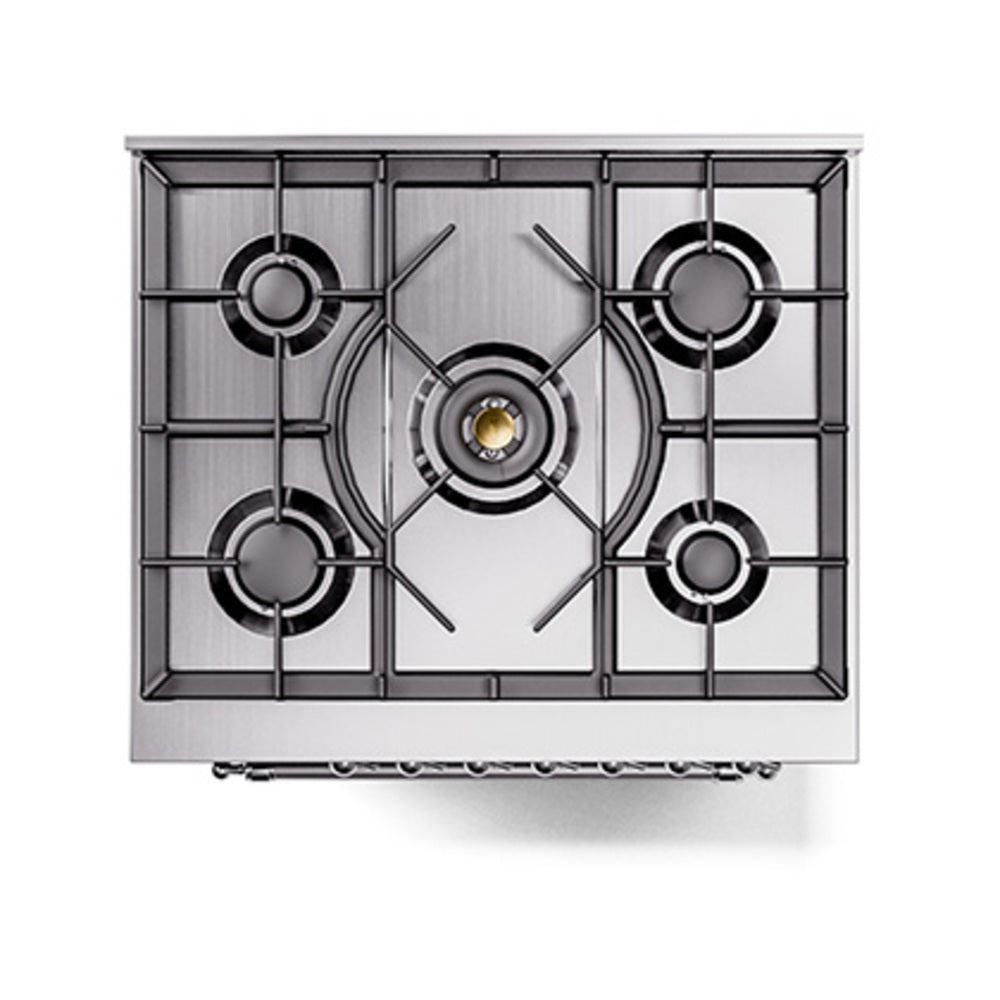 Dual-fuel gas range cooktop with four burners and cast grates in black and steel