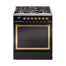 ILVE Nostalgie II Noblesse 30-Inch Dual Fuel Range with Solid Door in Glossy Black with Brass Trim (UN30QNMPBKG)