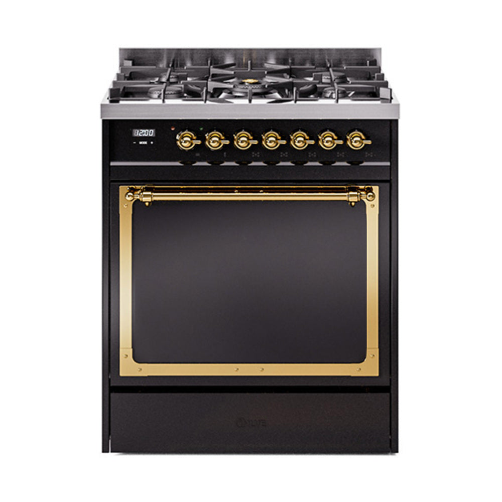 Glossy black dual fuel range with brass-trimmed oven door and cooktop knobs