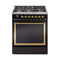 ILVE Nostalgie II Noblesse 30-Inch Natural Gas Dual Fuel Range with Solid Door in Glossy Black with Brass Trim (UN30QNMPBKG)