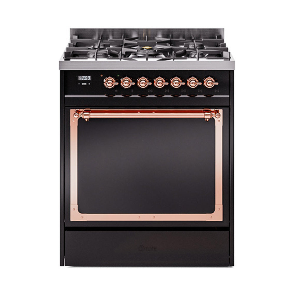 Glossy black dual-fuel range with solid door and copper-trimmed oven handle