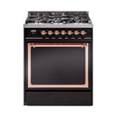 ILVE Nostalgie II Noblesse 30-Inch Natural Gas Dual Fuel Range with Solid Door in Glossy Black with Copper Trim (UN30QNMPBKP)